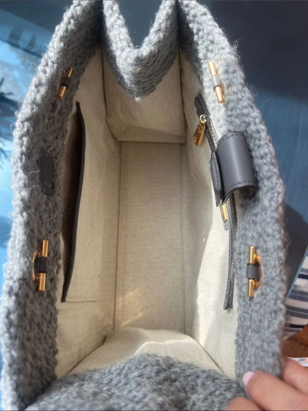 Tory Burch Gray Textured Logo Tote with Gold Chain Straps